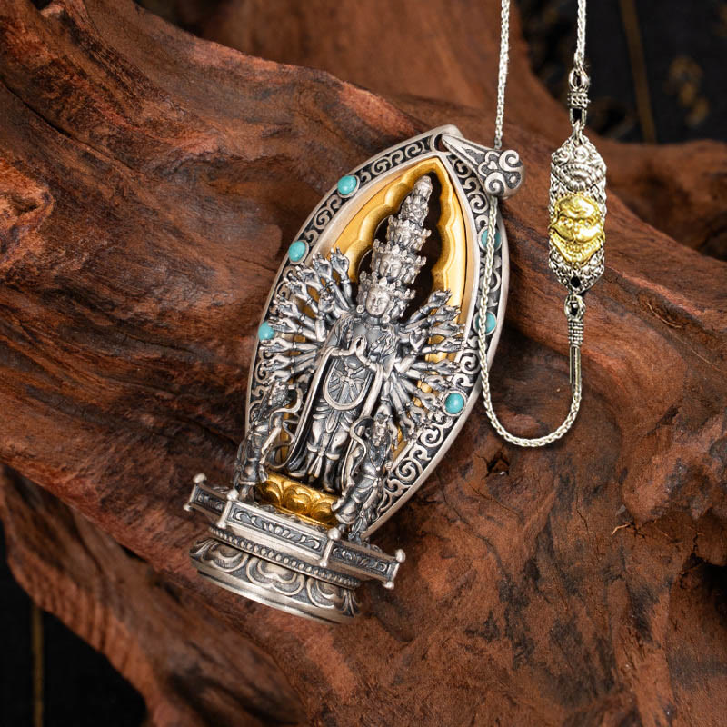 925 Sterling Silver Thousand-armed Guanyin Kwan Yin Avalokiteśvara Wealth Necklace Pendant
