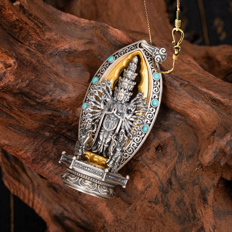 925 Sterling Silver Thousand-armed Guanyin Kwan Yin Avalokiteśvara Wealth Necklace Pendant