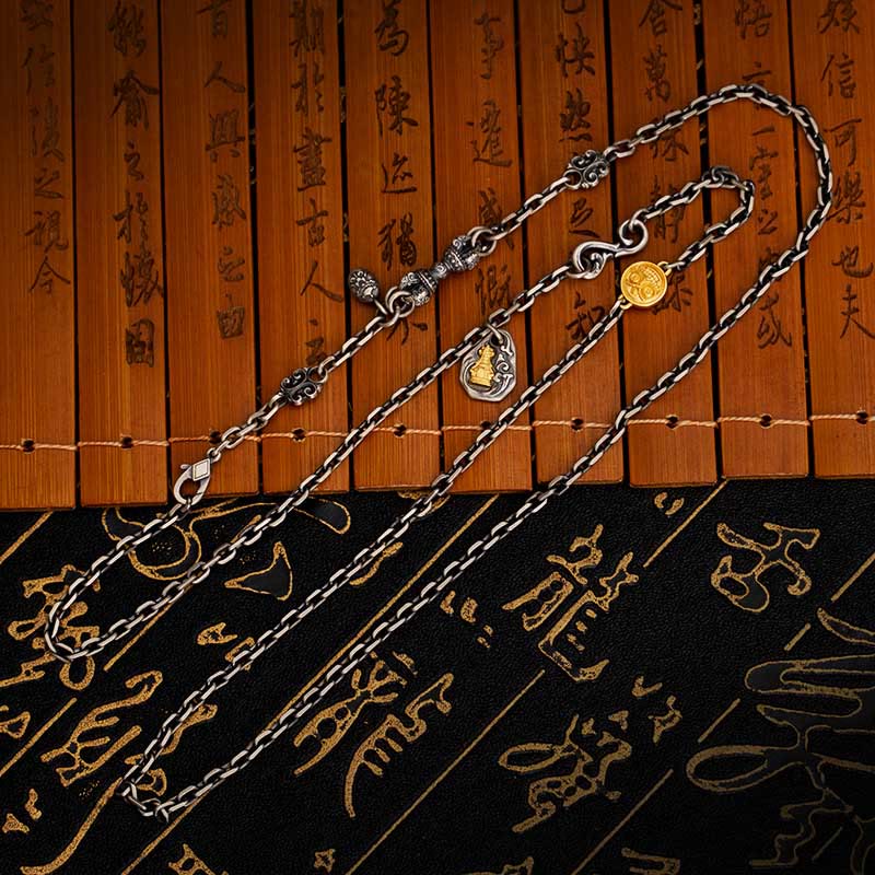 925 Sterling Silver Tibetan White Zakiram Goddess of Wealth Vajra Dorje Blessing Metal Chain Necklace