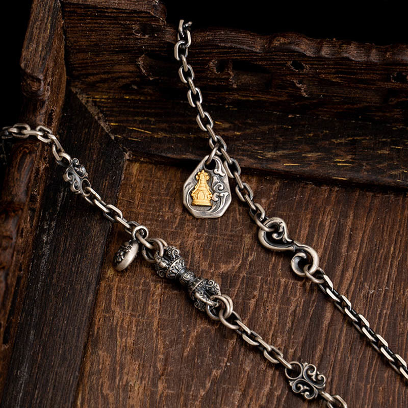 925 Sterling Silver Tibetan White Zakiram Goddess of Wealth Vajra Dorje Blessing Metal Chain Necklace