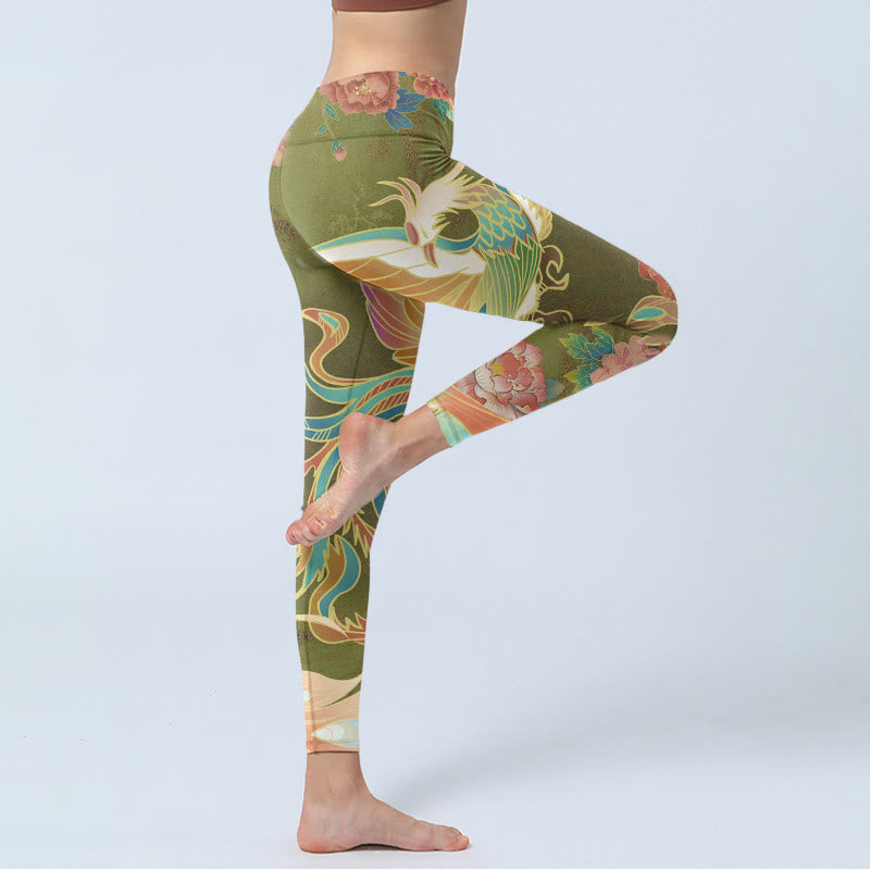 Vibrant Phoenix Flowers Print Gym Leggings Women's Yoga Pants