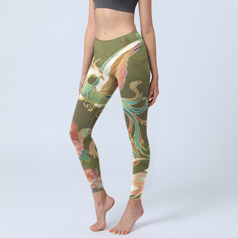 Vibrant Phoenix Flowers Print Gym Leggings Women's Yoga Pants