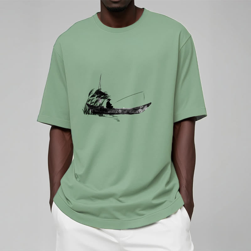 Boat Fishing Grass Pattern Cotton Tee T-shirt