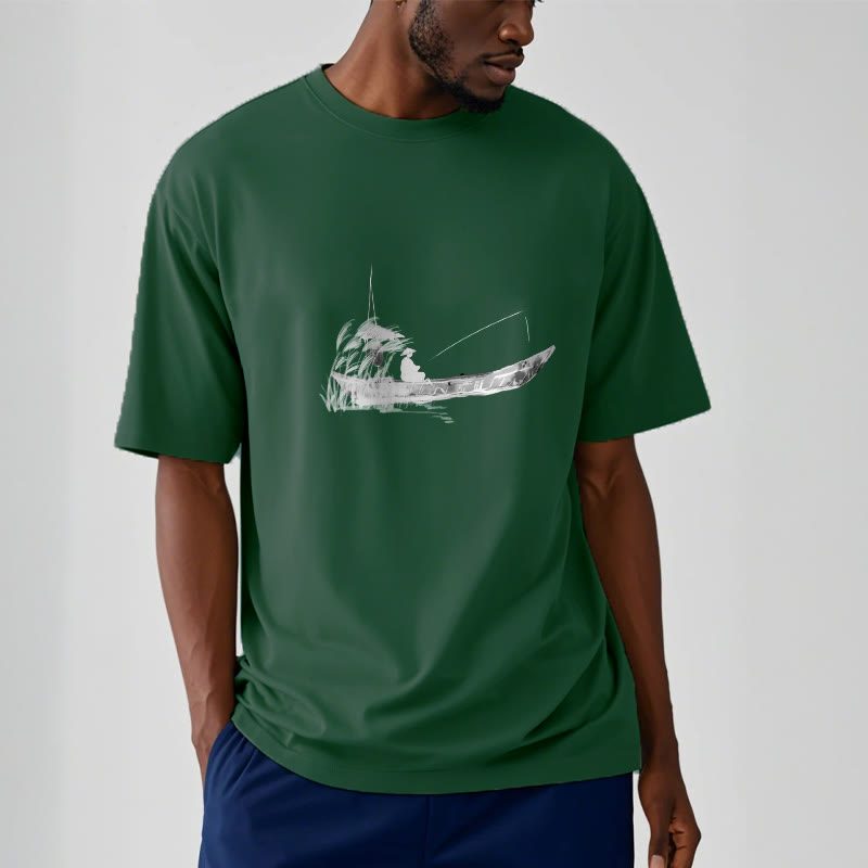 Boat Fishing Grass Pattern Cotton Tee T-shirt