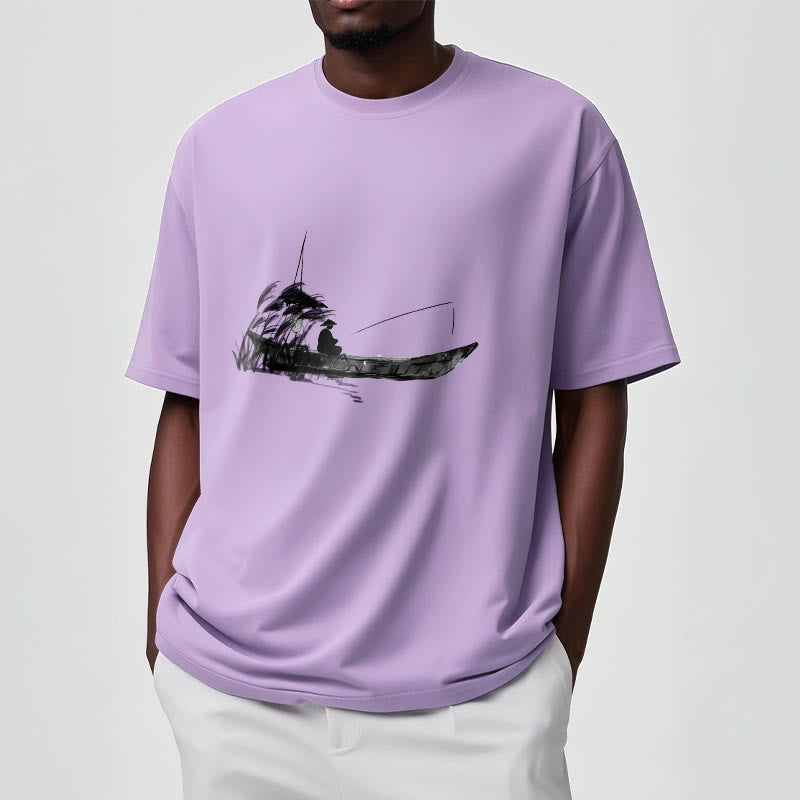 Boat Fishing Grass Pattern Cotton Tee T-shirt