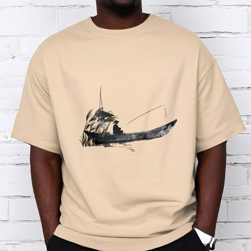Boat Fishing Grass Pattern Cotton Tee T-shirt