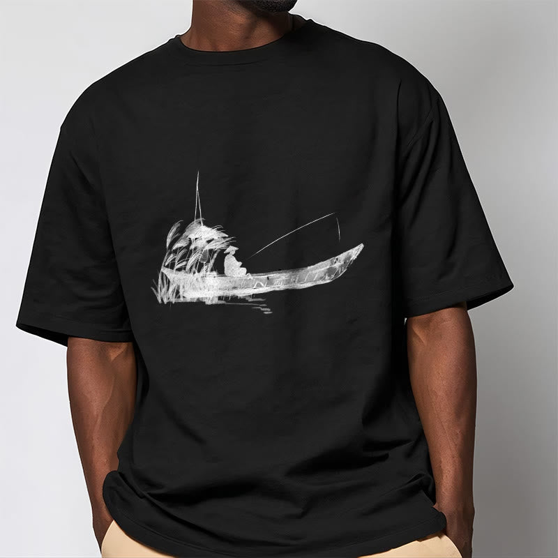 Boat Fishing Grass Pattern Cotton Tee T-shirt