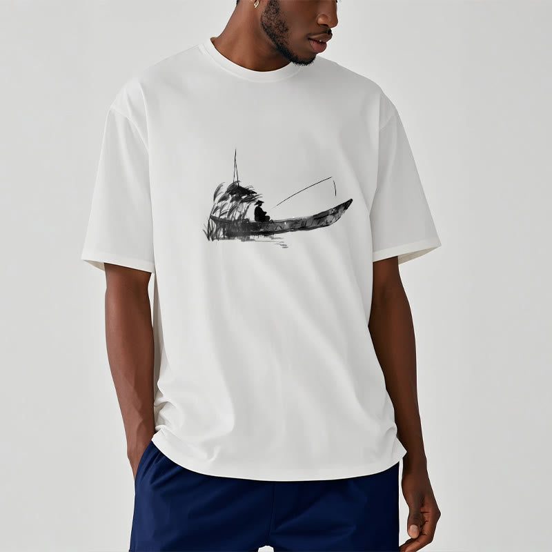 Boat Fishing Grass Pattern Cotton Tee T-shirt