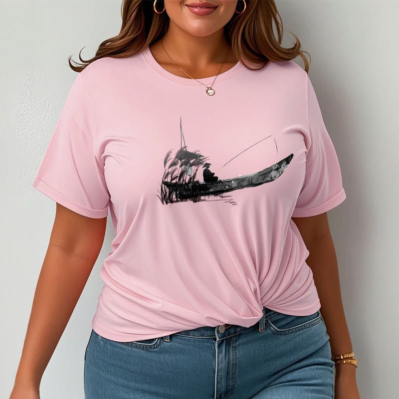Boat Fishing Grass Pattern Cotton Tee T-shirt