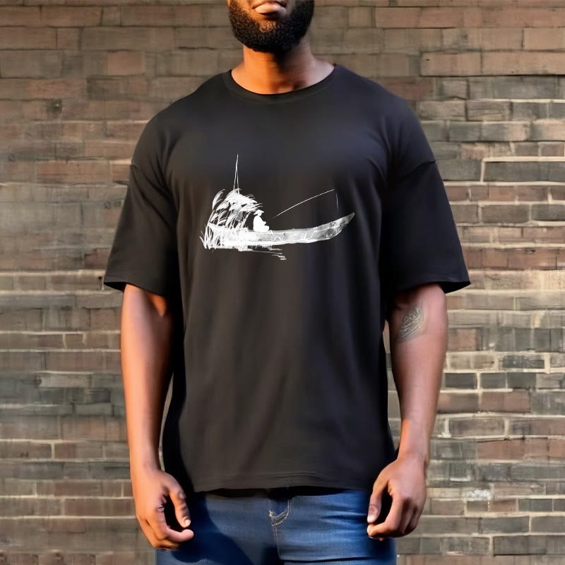 Boat Fishing Grass Pattern Cotton Tee T-shirt