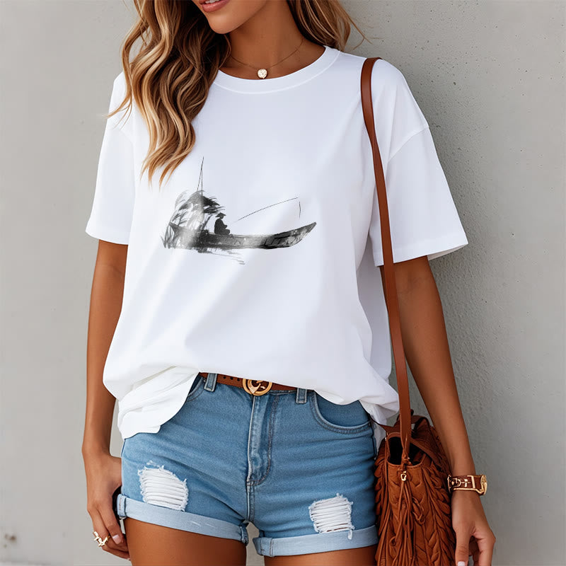 Boat Fishing Grass Pattern Cotton Tee T-shirt