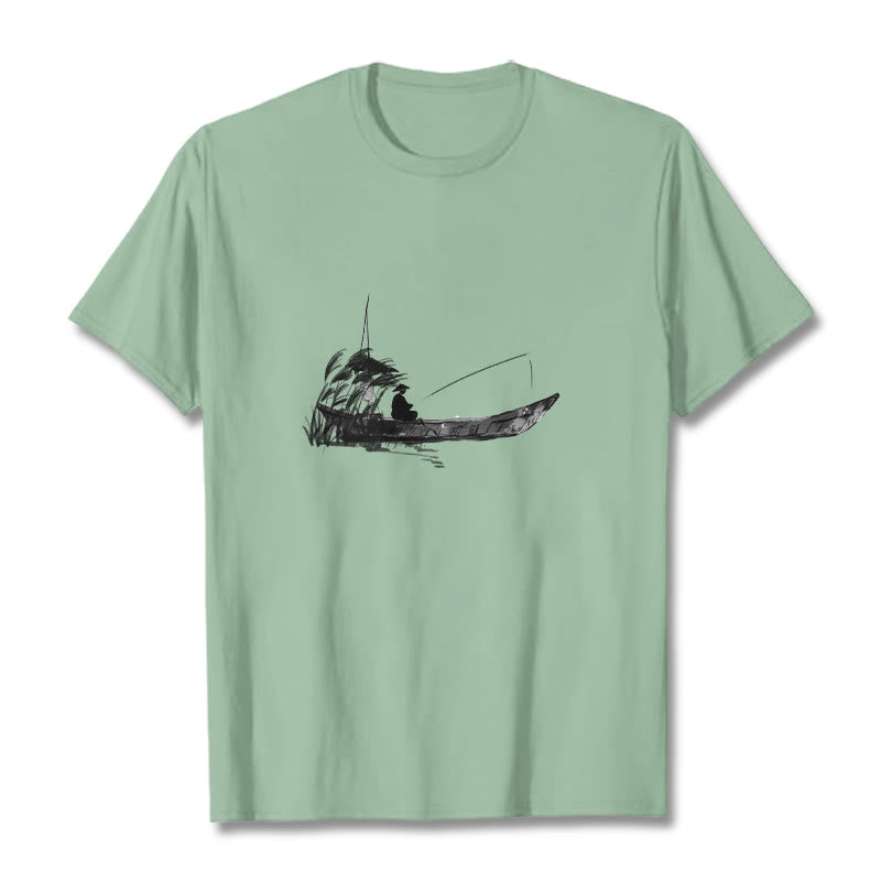 Boat Fishing Grass Pattern Cotton Tee T-shirt