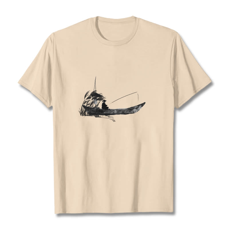 Boat Fishing Grass Pattern Cotton Tee T-shirt