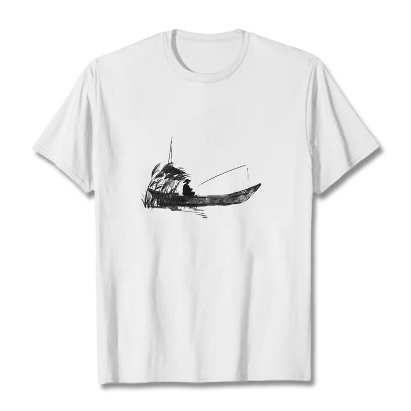 Boat Fishing Grass Pattern Cotton Tee T-shirt