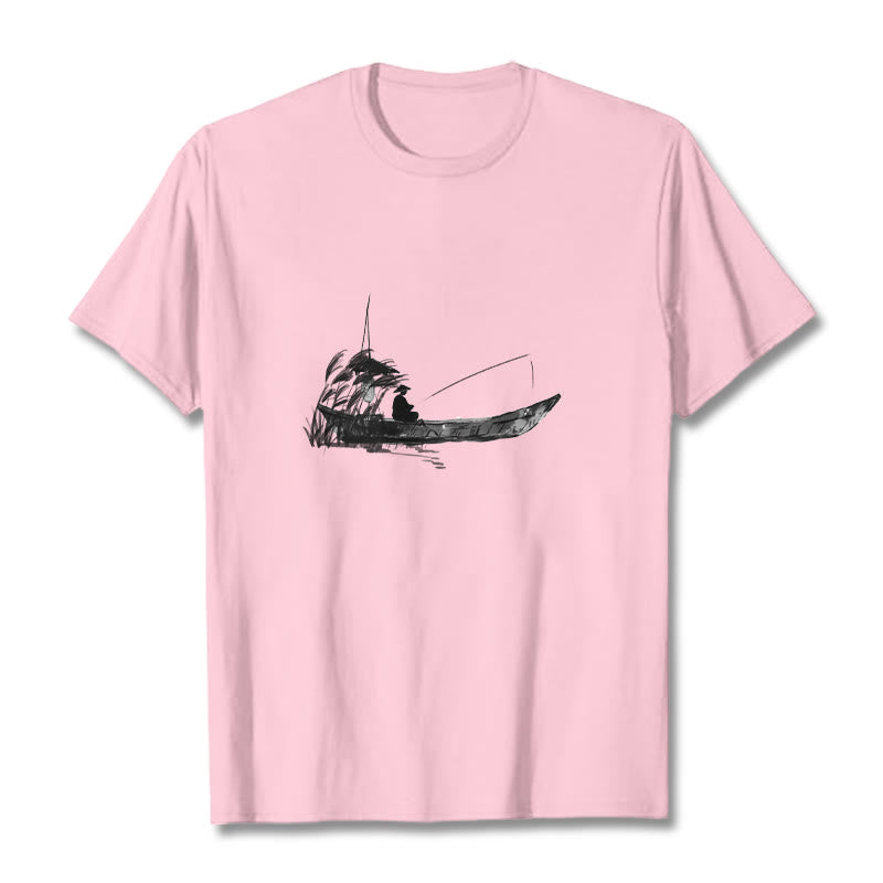 Boat Fishing Grass Pattern Cotton Tee T-shirt