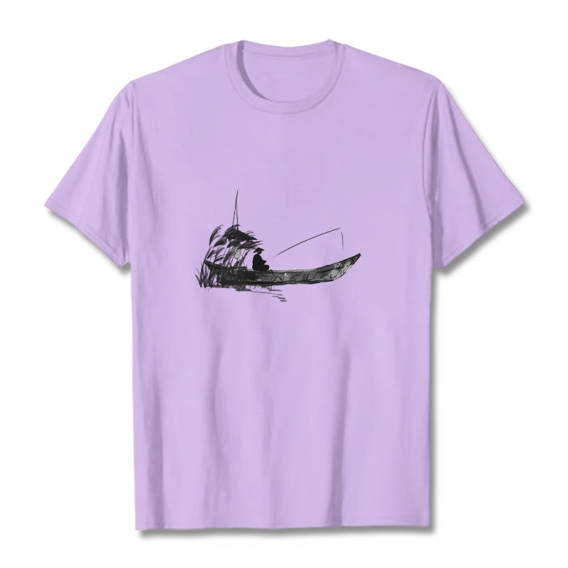 Boat Fishing Grass Pattern Cotton Tee T-shirt