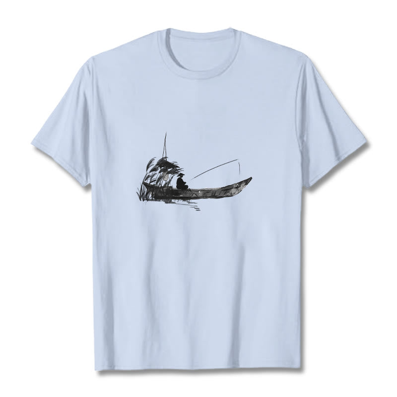 Boat Fishing Grass Pattern Cotton Tee T-shirt
