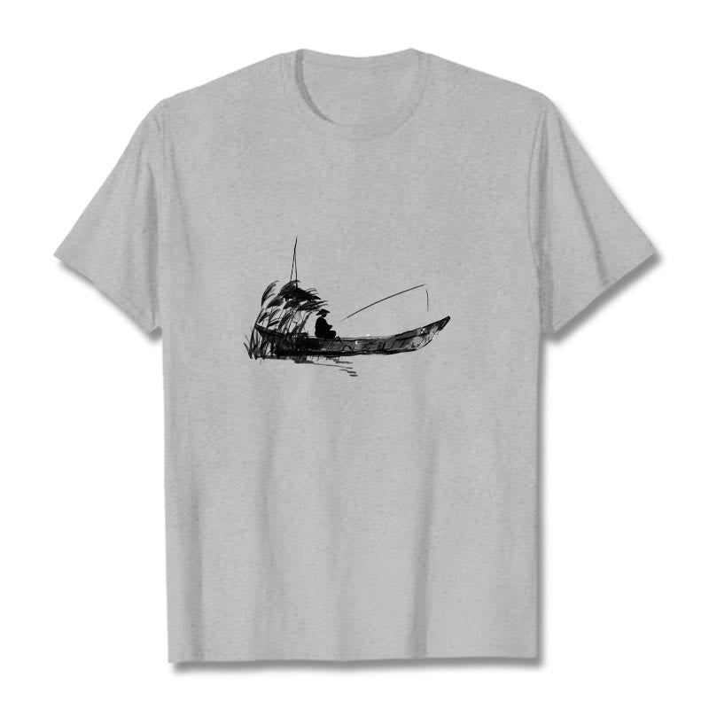 Boat Fishing Grass Pattern Cotton Tee T-shirt
