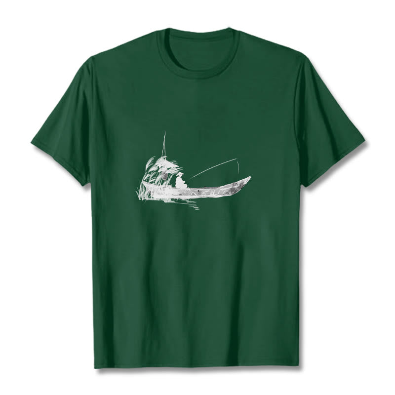 Boat Fishing Grass Pattern Cotton Tee T-shirt