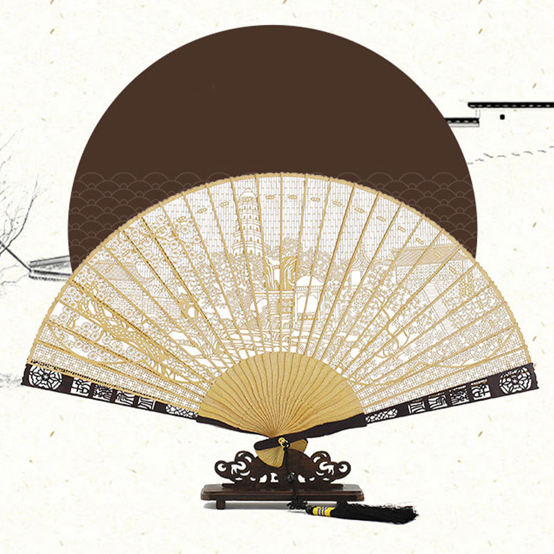 Hollow Carving Suzhou Garden Tiger Hill Pattern Handheld Burmese Wood Folding Fan