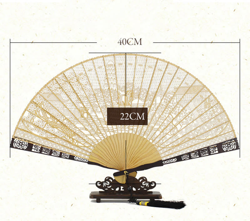 Hollow Carving Suzhou Garden Tiger Hill Pattern Handheld Burmese Wood Folding Fan