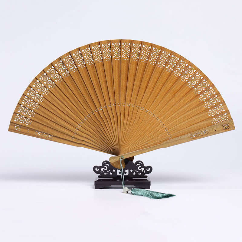 Auspicious Clouds Crane Peacock Chang'e Moon Engraved Pattern Handheld Green Sandalwood Folding Fan