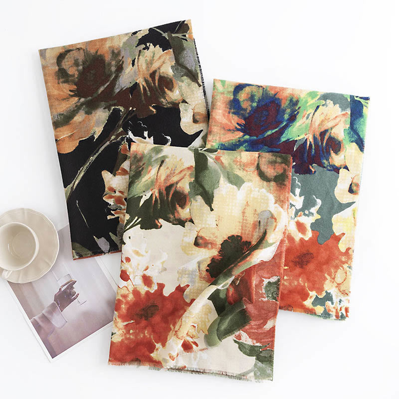 Tibetan Chinese Retro Ink Painting Flower Print Shawl Fall Winter Cozy Warm Scarf Wrap