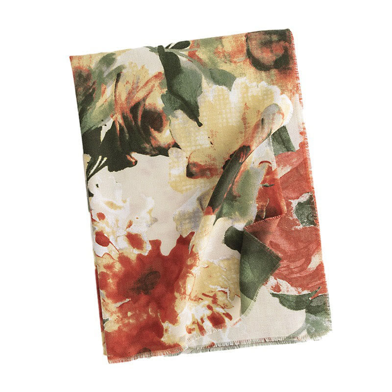 Tibetan Chinese Retro Ink Painting Flower Print Shawl Fall Winter Cozy Warm Scarf Wrap