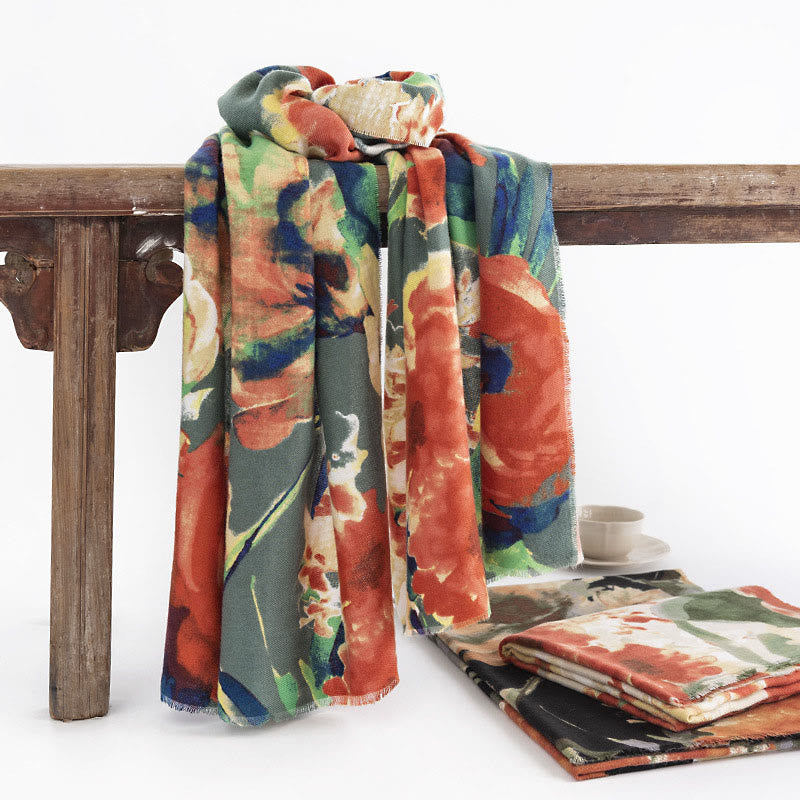 Tibetan Chinese Retro Ink Painting Flower Print Shawl Fall Winter Cozy Warm Scarf Wrap