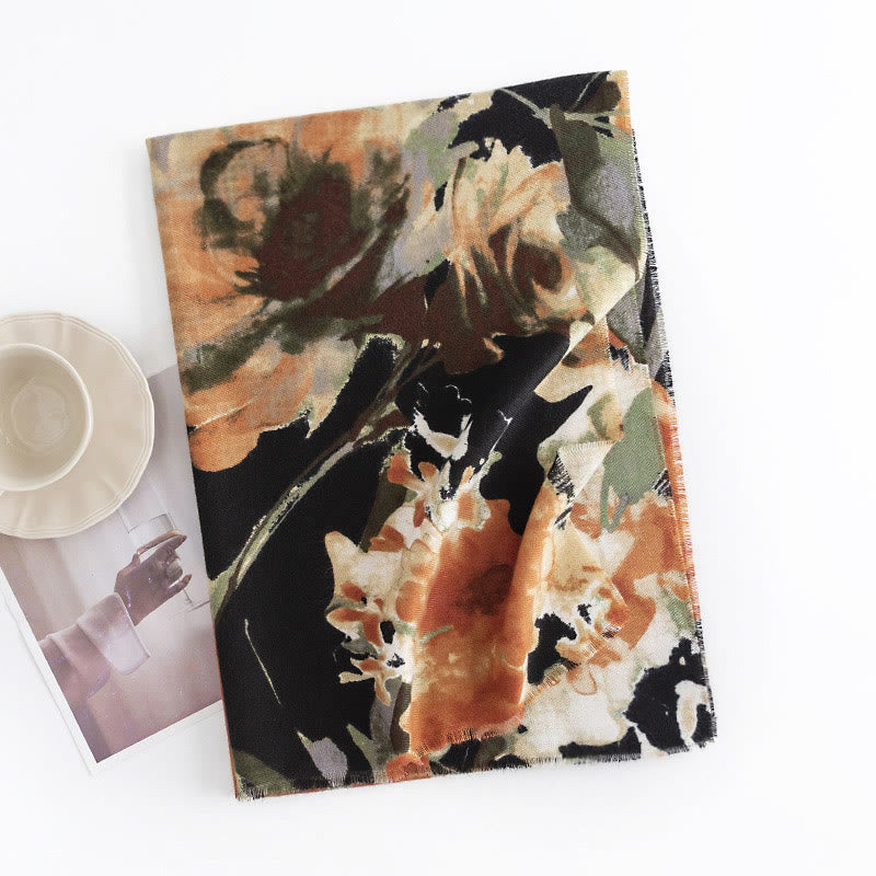 Tibetan Chinese Retro Ink Painting Flower Print Shawl Fall Winter Cozy Warm Scarf Wrap