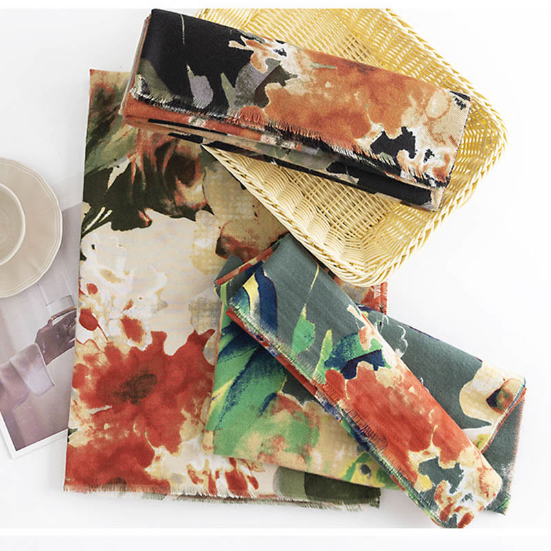 Tibetan Chinese Retro Ink Painting Flower Print Shawl Fall Winter Cozy Warm Scarf Wrap