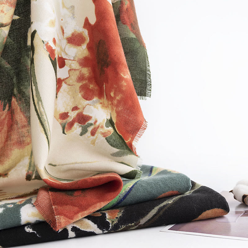 Tibetan Chinese Retro Ink Painting Flower Print Shawl Fall Winter Cozy Warm Scarf Wrap