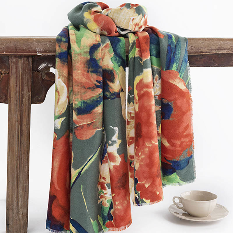 Tibetan Chinese Retro Ink Painting Flower Print Shawl Fall Winter Cozy Warm Scarf Wrap
