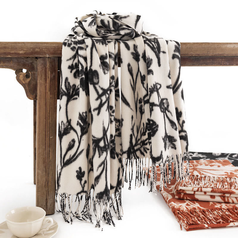 Tibetan Shawl Blooming Flower Branches Print Tassels Fall Winter Cozy Warm Scarf Wrap