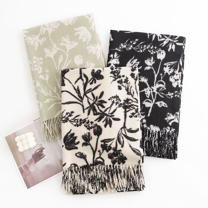 Tibetan Shawl Blooming Flower Branches Print Tassels Fall Winter Cozy Warm Scarf Wrap