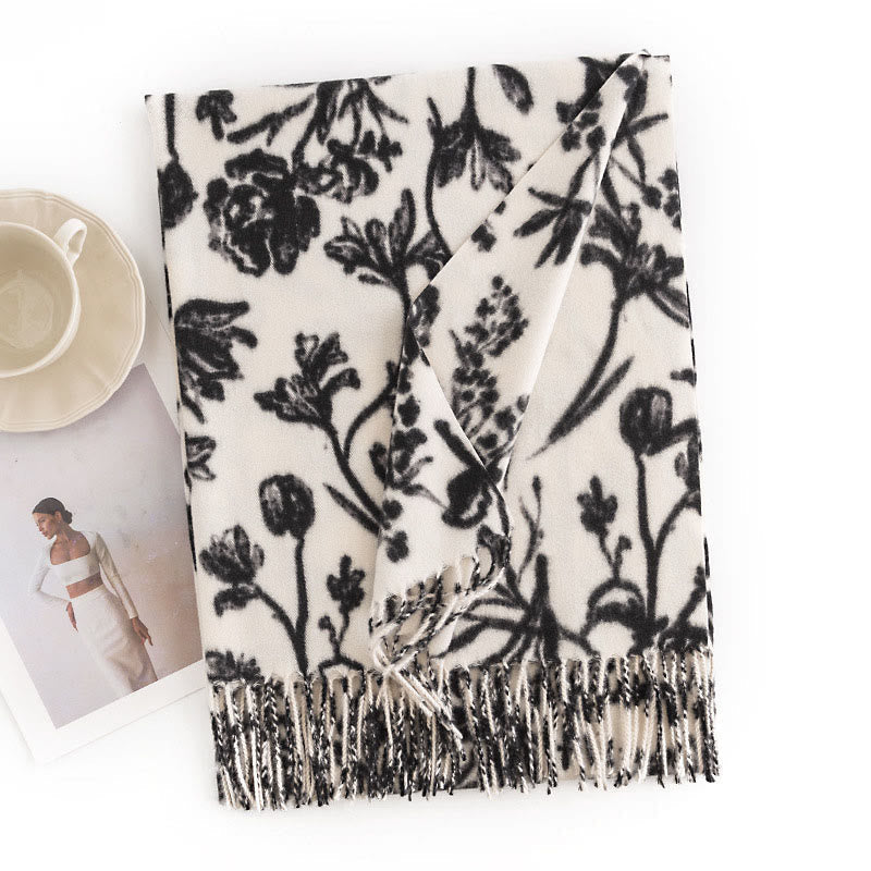 Tibetan Shawl Blooming Flower Branches Print Tassels Fall Winter Cozy Warm Scarf Wrap