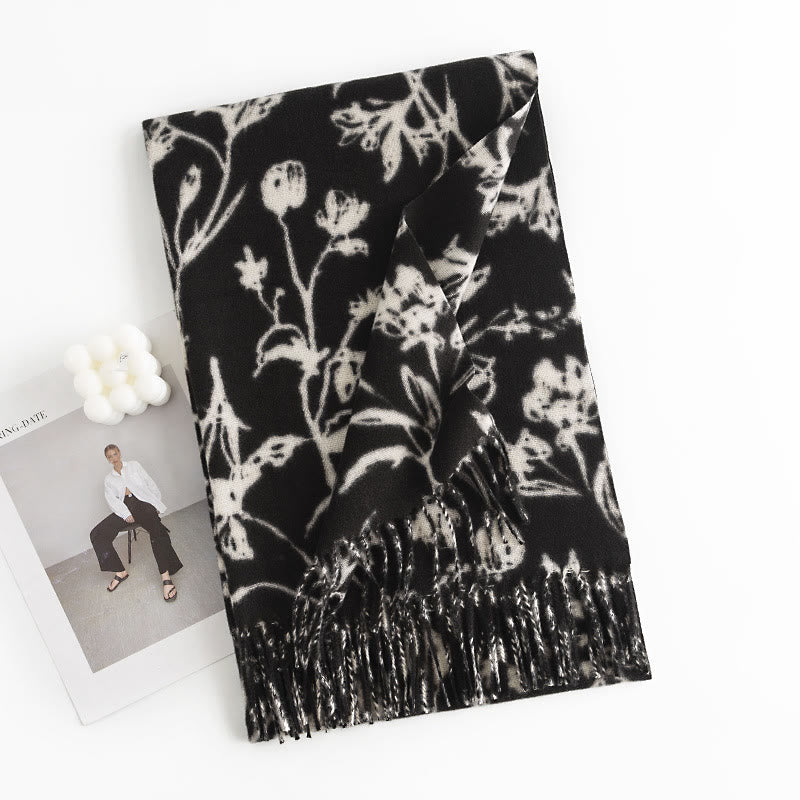 Tibetan Shawl Blooming Flower Branches Print Tassels Fall Winter Cozy Warm Scarf Wrap