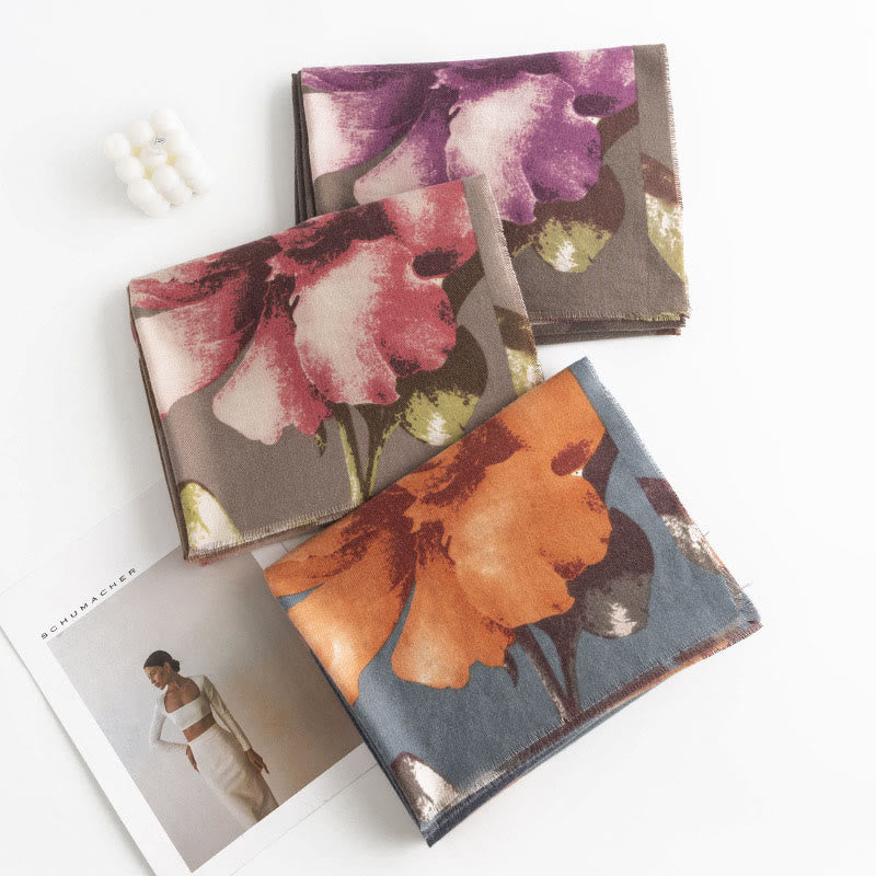 Tibetan Shawl Artistic Style Hibiscus Syriacus Print Fall Winter Cozy Warm Scarf Wrap