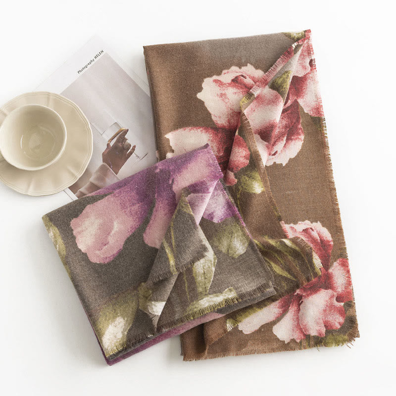 Tibetan Shawl Artistic Style Hibiscus Syriacus Print Fall Winter Cozy Warm Scarf Wrap