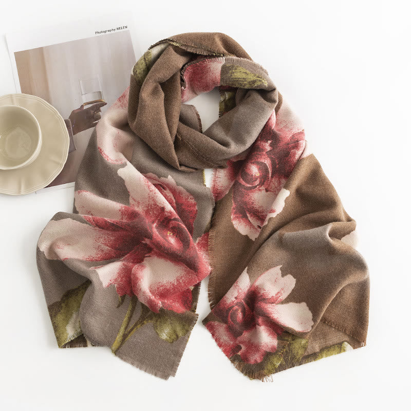 Tibetan Shawl Artistic Style Hibiscus Syriacus Print Fall Winter Cozy Warm Scarf Wrap