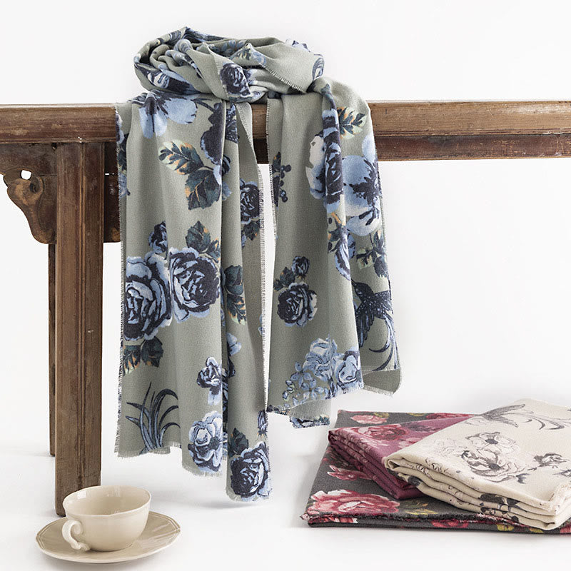 Tibetan Shawl Garden Style Rose Flower Print Fall Winter Soft Warm Scarf Wrap