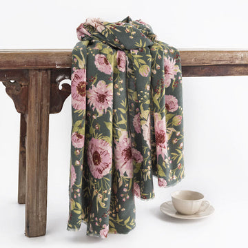 Tibetan Shawl Blooming Flower Lush Leaves Print Fall Winter Soft Warm Scarf Wrap