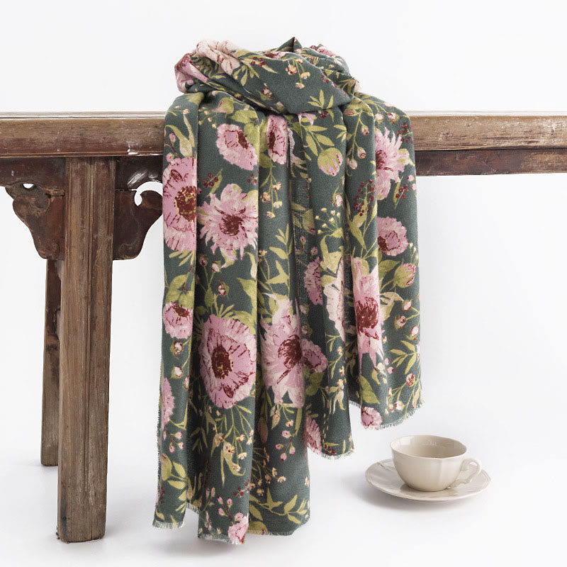 Tibetan Shawl Blooming Flower Lush Leaves Print Fall Winter Soft Warm Scarf Wrap