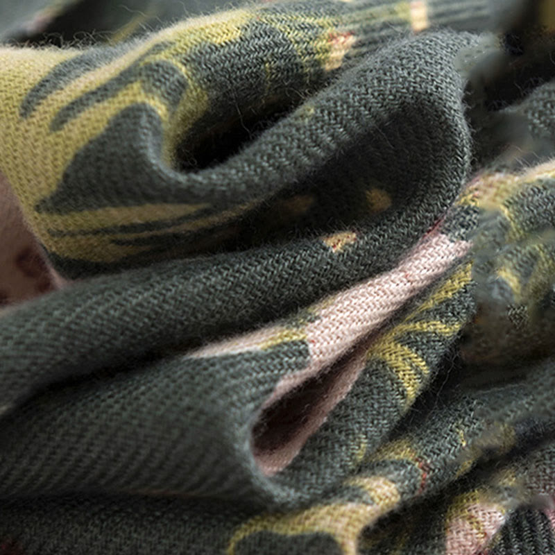 Tibetan Shawl Blooming Flower Lush Leaves Print Fall Winter Soft Warm Scarf Wrap