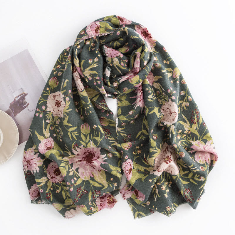 Tibetan Shawl Blooming Flower Lush Leaves Print Fall Winter Soft Warm Scarf Wrap