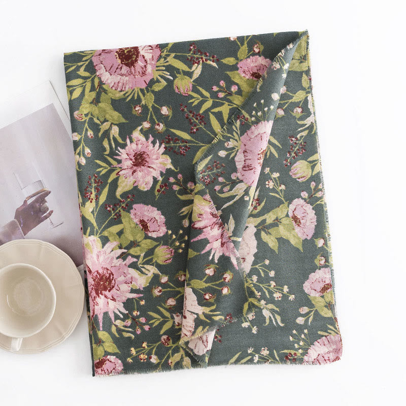 Tibetan Shawl Blooming Flower Lush Leaves Print Fall Winter Soft Warm Scarf Wrap