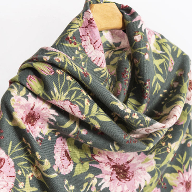 Tibetan Shawl Blooming Flower Lush Leaves Print Fall Winter Soft Warm Scarf Wrap