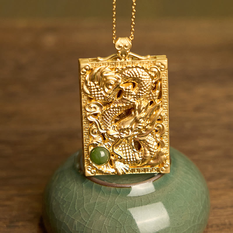 Dragon Gold Plated Copper Hetian Jade Strength Necklace Pendant