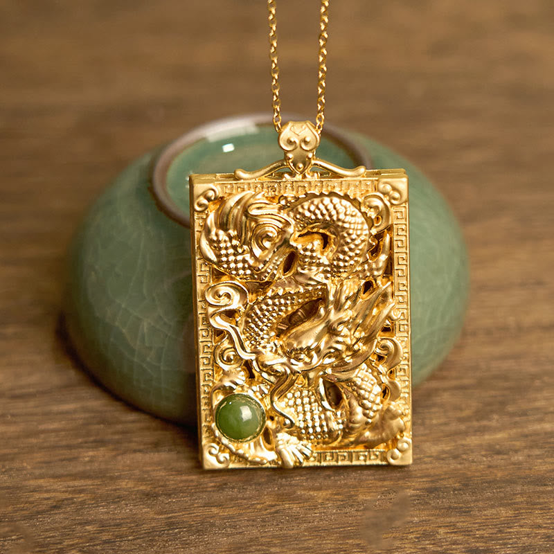 Dragon Gold Plated Copper Hetian Jade Strength Necklace Pendant