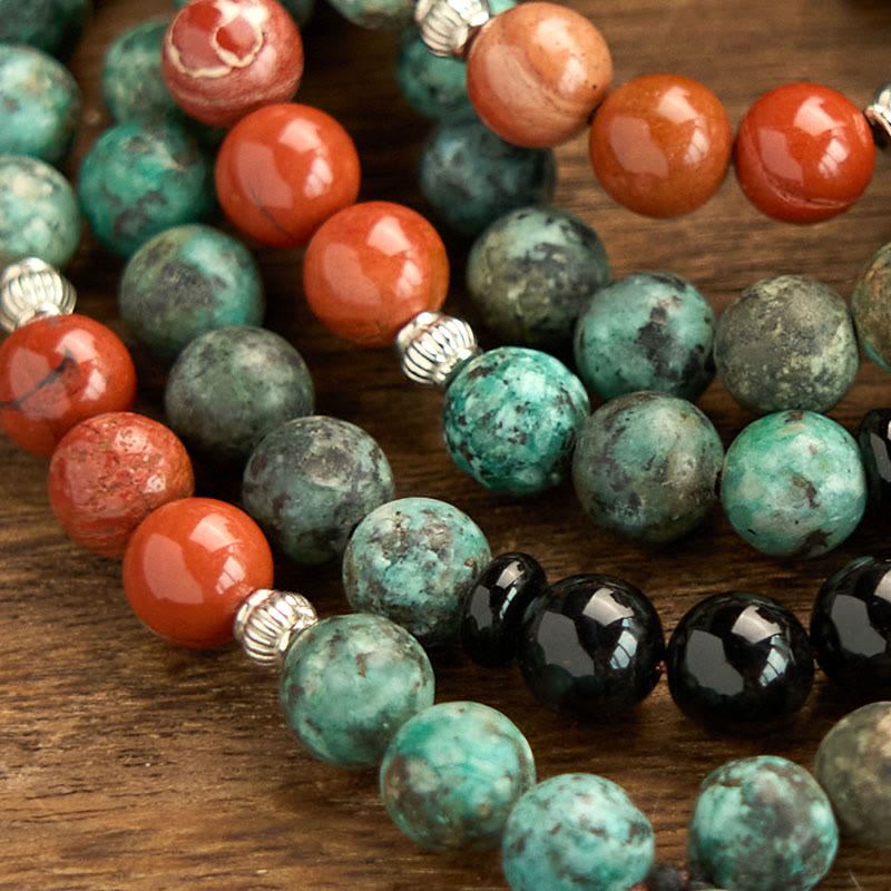 108 Mala Natural Black Onyx Red Jasper Turquoise Beads Buddha Head Tassel Protection Bracelet